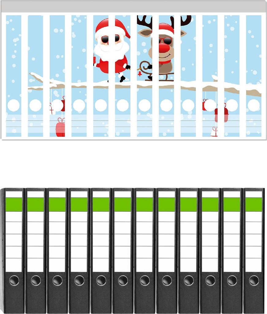 Wallario 12 Stück schmale Ordner inkl. Klebeetiketten mit Motive Cooler Weihnachtsmann mit Rentier auf einem Ast - Set mit Rückenschildern / Ordn...