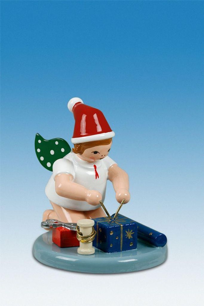 Holzfigur Engel mit Geschenk und Krone Höhe 6cm NEU