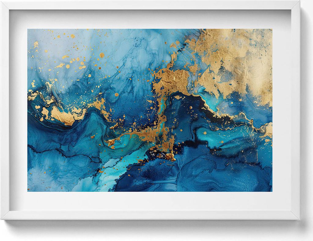 Abstraktes Glamourbild mit Gold– Wandbild mit Rahmen – Gerahmtes Bild – Wanddekoration – 70x50 cm – Weiß Rahmen