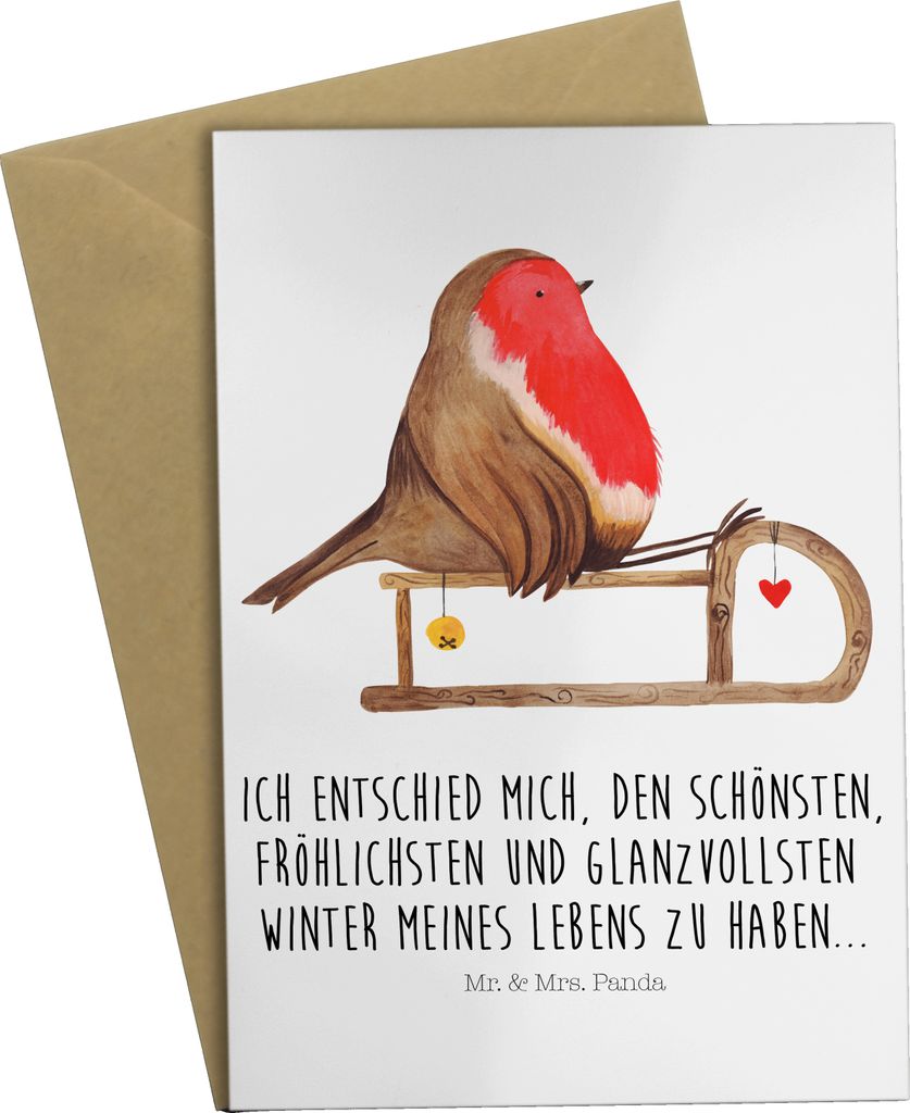 Mr. & Mrs. Panda valentinstagskarte Rotkehlchen Schlitten - Weiß - Geschenk, osterkarte, Grußkarte, weihnachtskarten, osterkarten, Weihnachten, b...