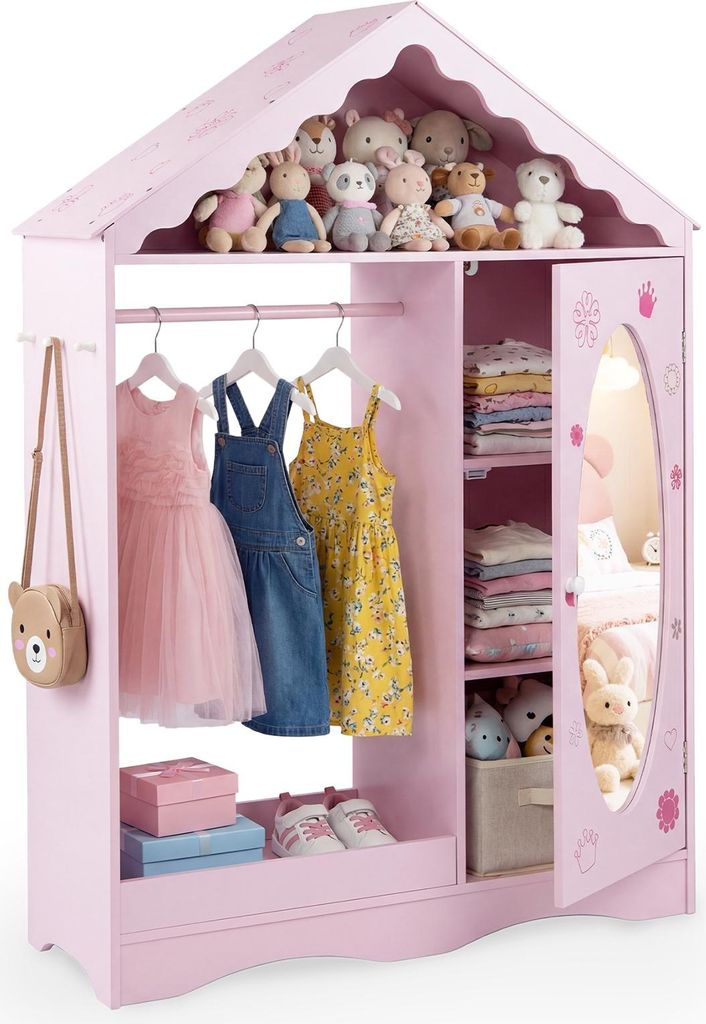 COSTWAY Kinder Kleiderschrank in Hausform, Kindergarderobe mit Spiegel, Kleiderstange, Regalen&Haken, Kinder Kleiderschrank, für Kinder 3+Rosa