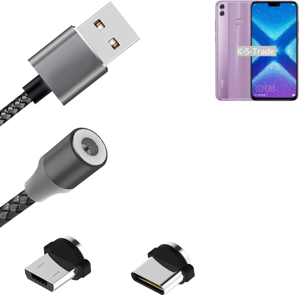 K-S-Trade Hochwertiges Magnet-Lade-kabel Sync-Kabel Daten-Kabel für Huawei Honor 8X mit USB-Typ-C-Anschluss und Micro-USB-Anschluss 2A bis zu 480mbps