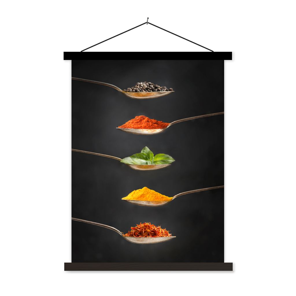 MuchoWow Textilposter Kräuter - Löffel - Gewürze - Schwarz - Italienisch 120x160 cm mit schwarzem Rahmen - Magnetischer