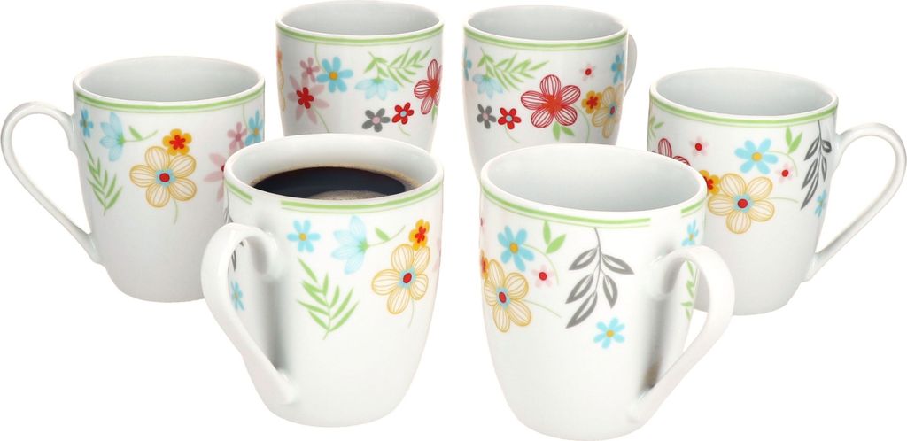 6er Set Variant Blümchen Kaffeebecher 350ml bunte Porzellantassen 6 Personen Tee