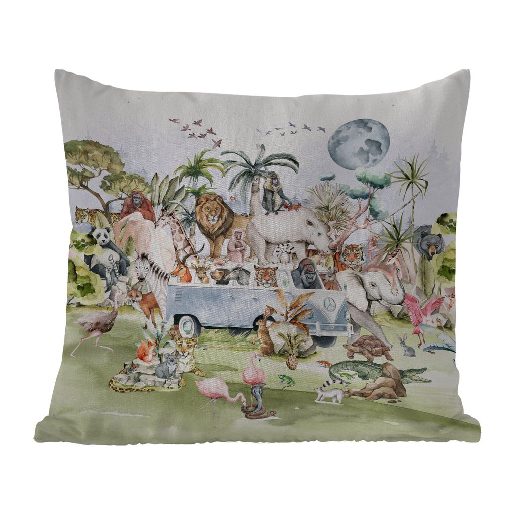 MuchoWow Outdoor Kissen - Dschungel - Bus - Tiere - Kinder - Pflanzen - 45x45 cm - Wetterfest - Lounge Kissen - Fotokissen - Dekoratives Kissen
