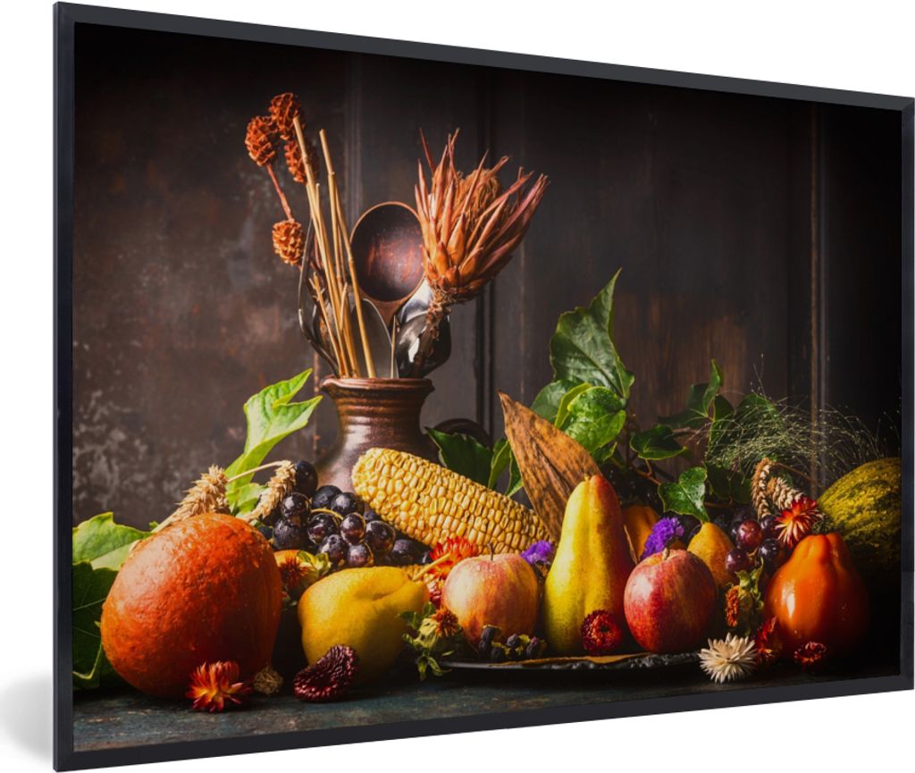 MuchoWow Gerahmtes Poster Gemüse - Obst - Rustikal - Tisch 60x40 cm - Poster mit Schwarzem Bilderrahmen Wandposter Rahmen Foto Bilder - Printing...