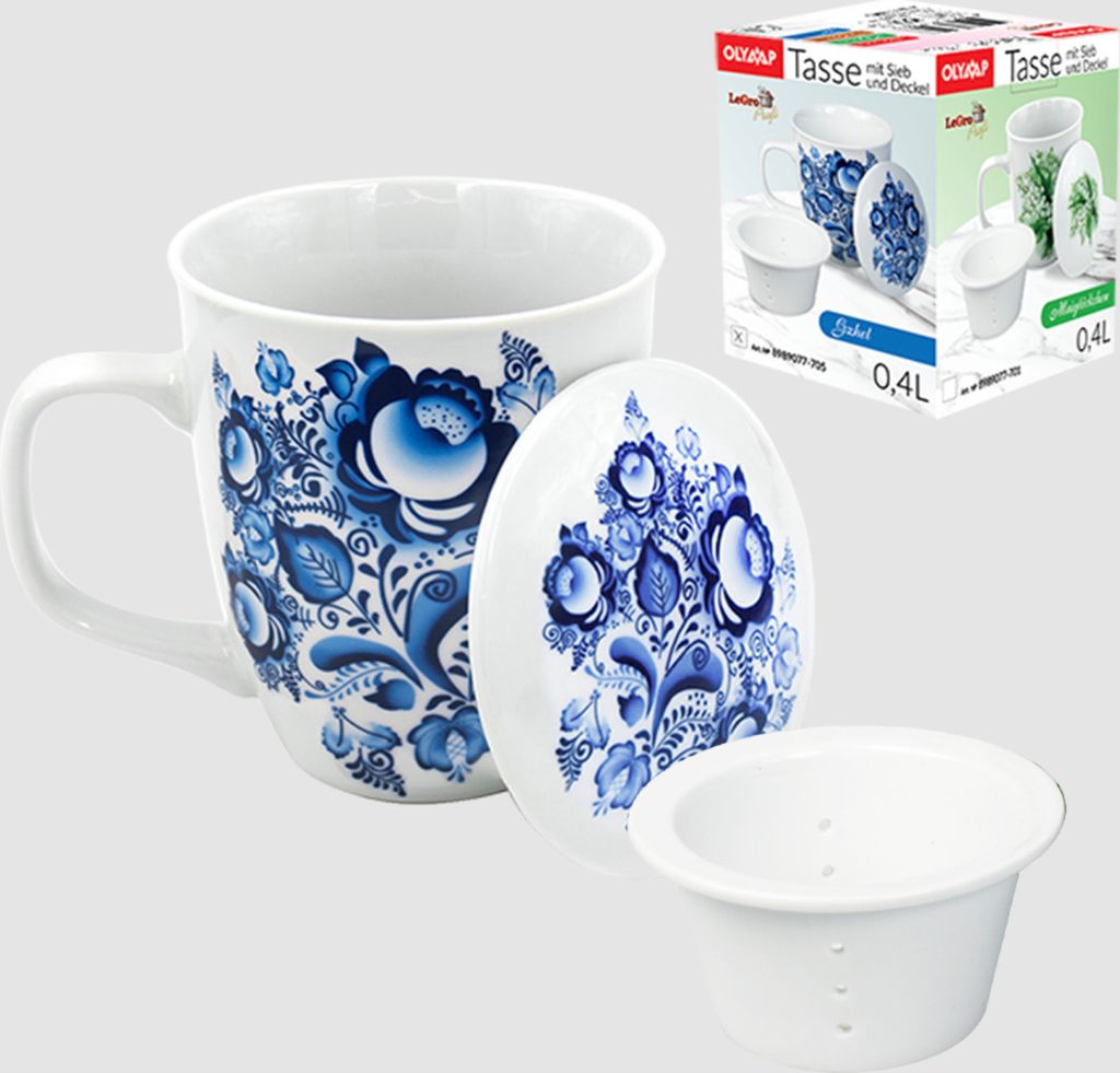 Gzhel Kaffeebecher Becher Tasse Set mit Sieb und Deckel 0,4 Produktbild 
