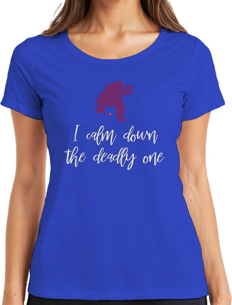 I calm down the deadly one Hexe Halloween Geschenk Spruch Retro Damen T-Shirt, Blau, 3XL