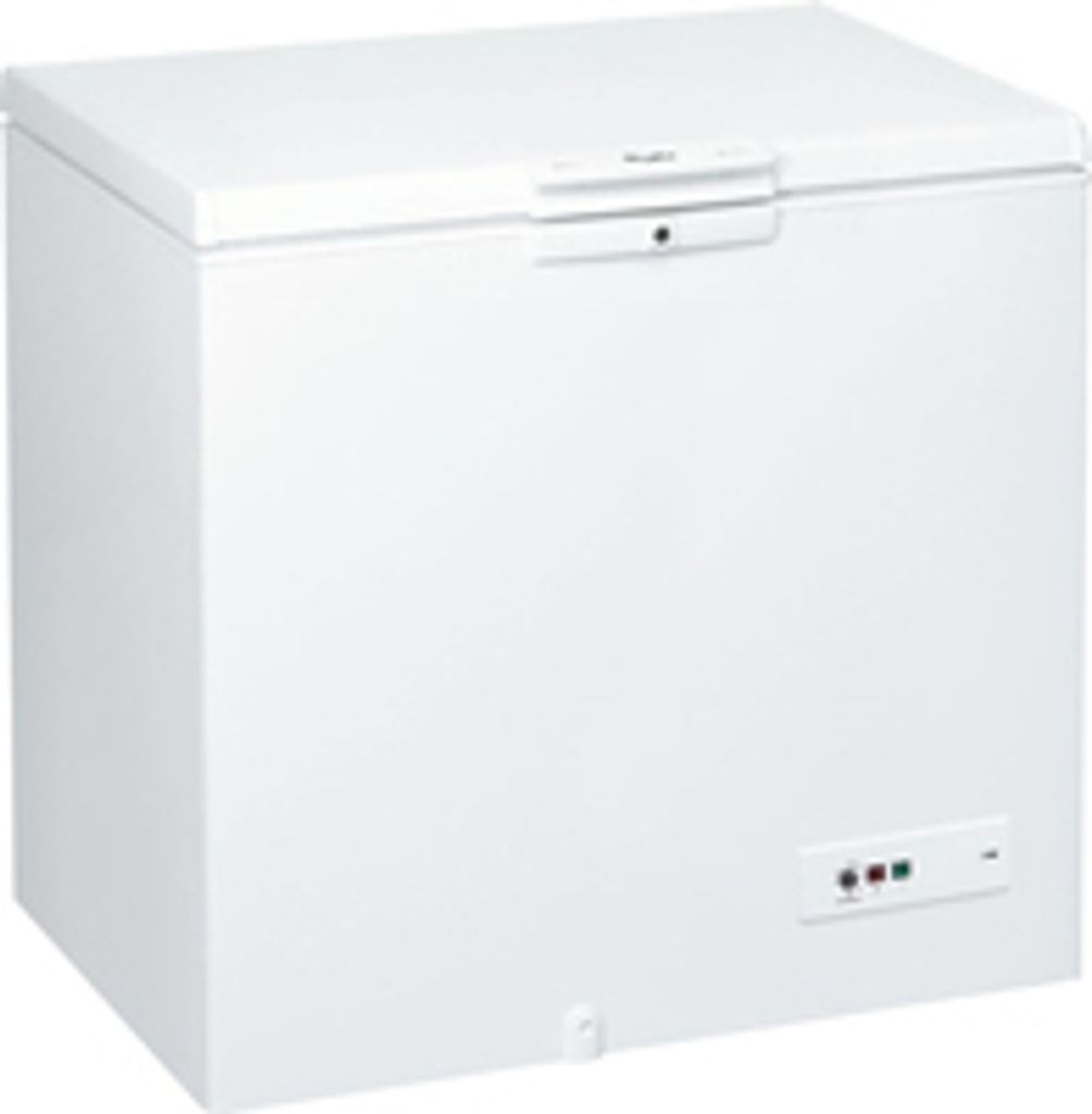 A white chest freezer is shown from a front-diagonal angle against a white background.
