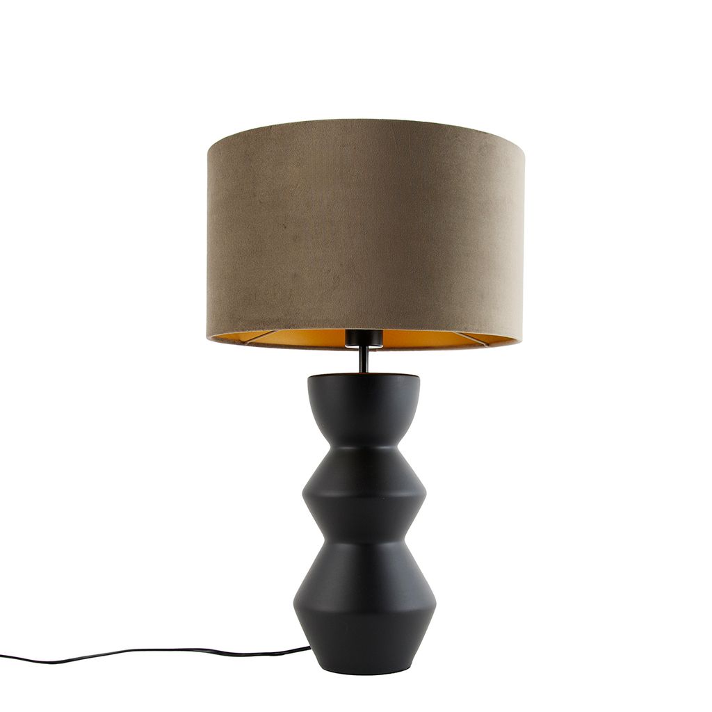 QAZQA - Design Design-Tischleuchte I Tischlampe I Lampe I Leuchte Schwarz Samt-Schirm Taupe mit Gold I Messing 35 cm - Alisia I Wohnzimmer I Schlaf...