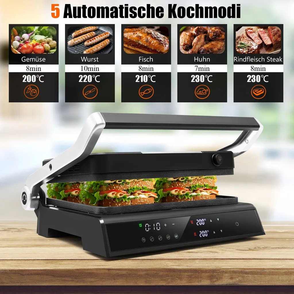 Appareil à Panini et Gril de Table Électrique avec 5 Modes de Cuisson