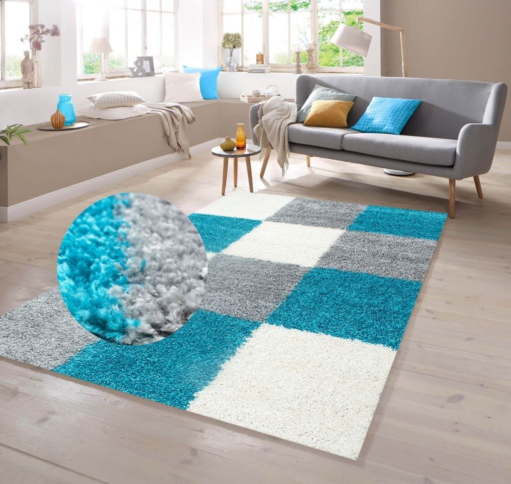 Shaggy Teppich in Karo Design Türkis Grau Cream Größe - 160 x 230 cm