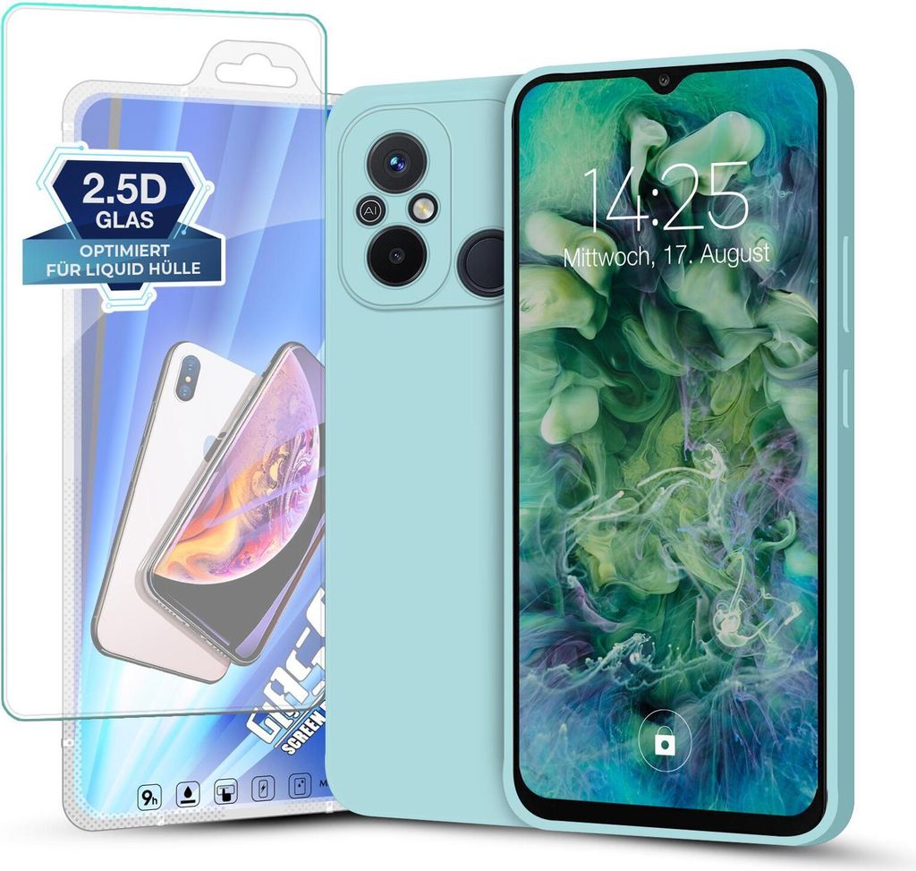 Hülle für Xiaomi Redmi 12C mit 9H Displayglas Displayschutz Plus Case Cover Bumper Silikon Softgrip Schutzhülle Farbe: Hellblau