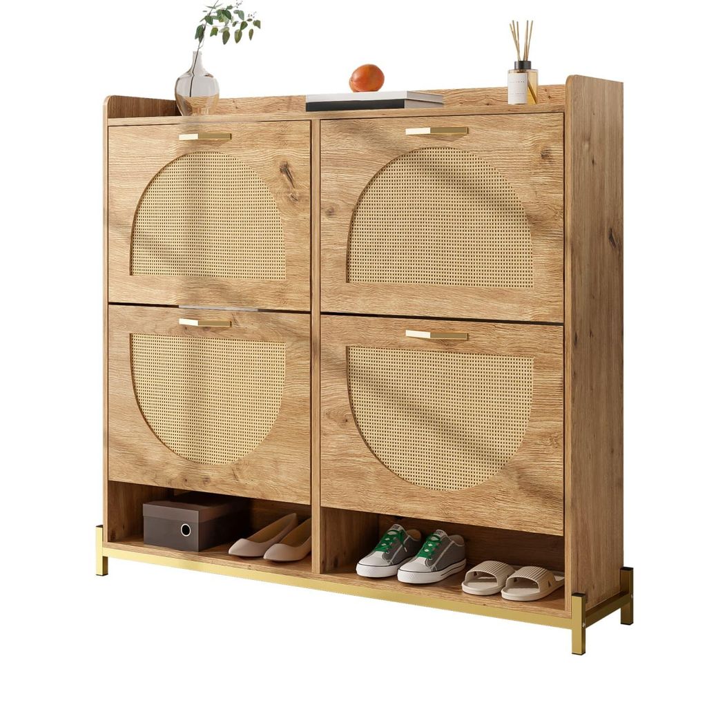 Eleganter Schuhschrank aus Holz mit Rattantüren – 4 Türen, Metallrahmen und oberes Regal für stilvolle und übersichtliche Aufbewahrung.