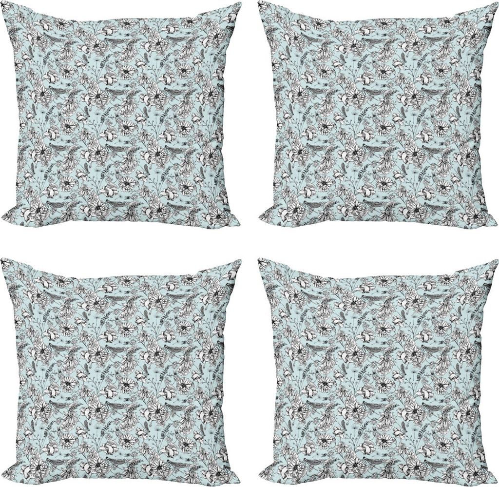 ABAKUHAUS Garten-Kunst Kissenbezug Set (4 Stück), Bugs und Daises, Moderner Doppelseitiger Digitaldruck, 40 cm x 40 cm, Blassblau Weiß