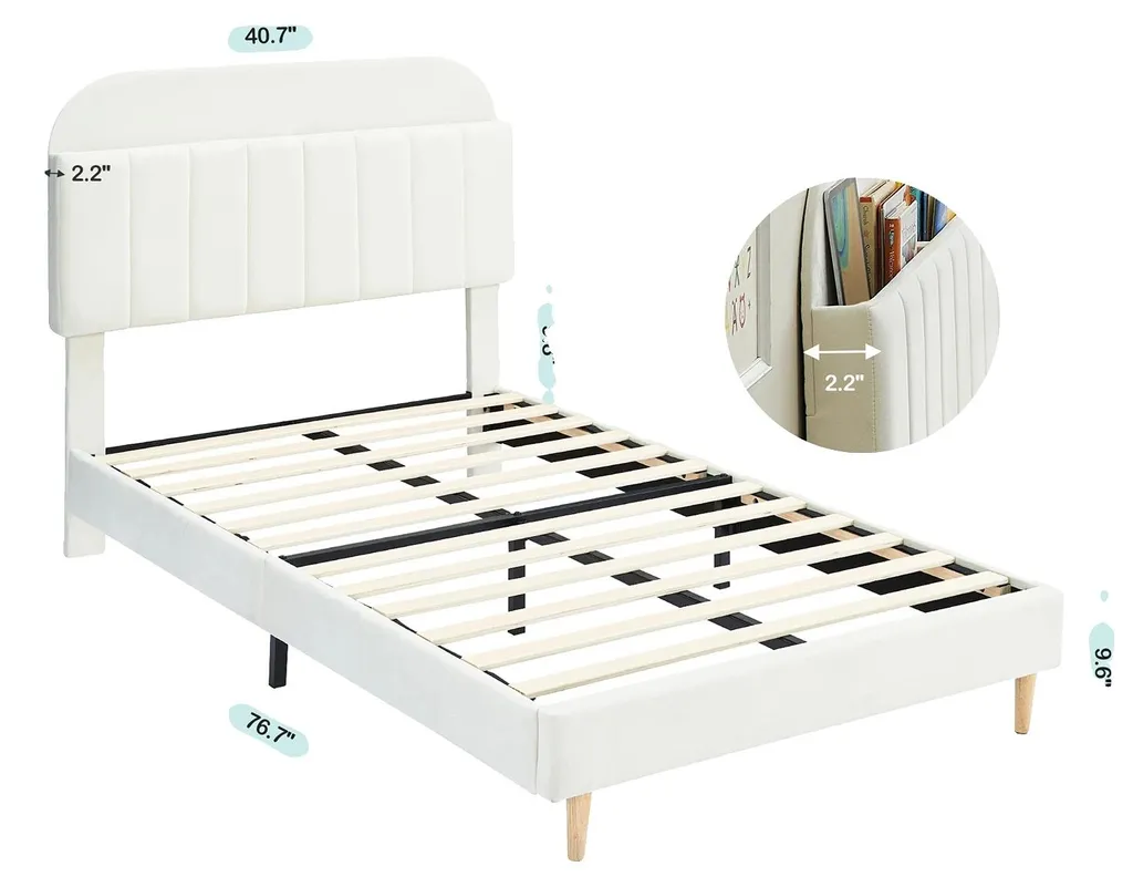 Lit jumeaux blanc velours avec tête de lit bibliothèque gain de place