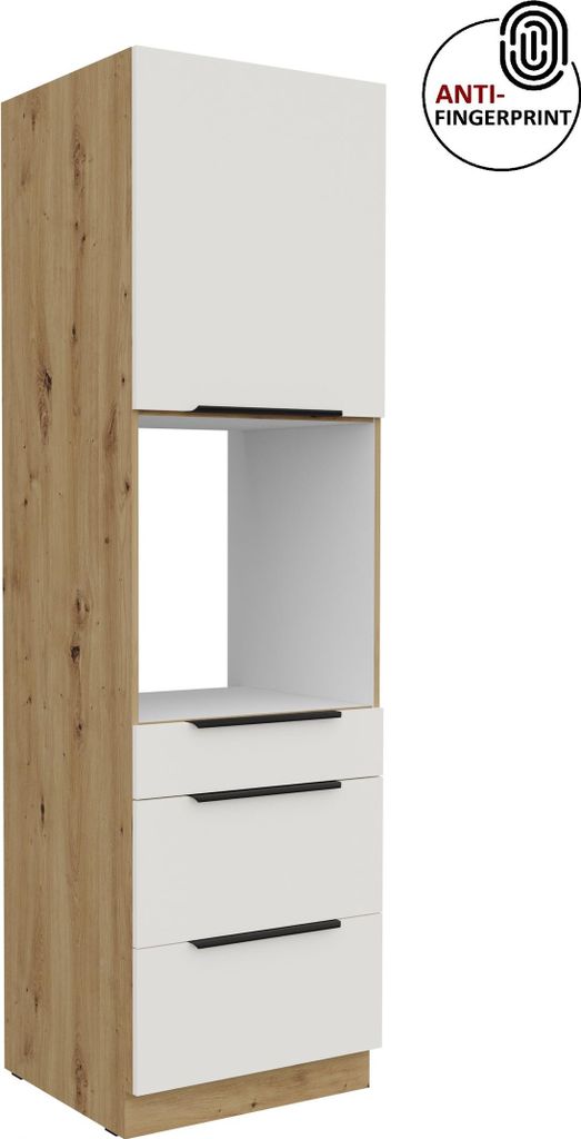 Küchen Hochschrank 60 cm Küche ARIA Weiss ultra matt + Eiche Artisan matt, hochwertige Fronten mit Anti Fingerprint Beschichtung, Soft-Close Küc...