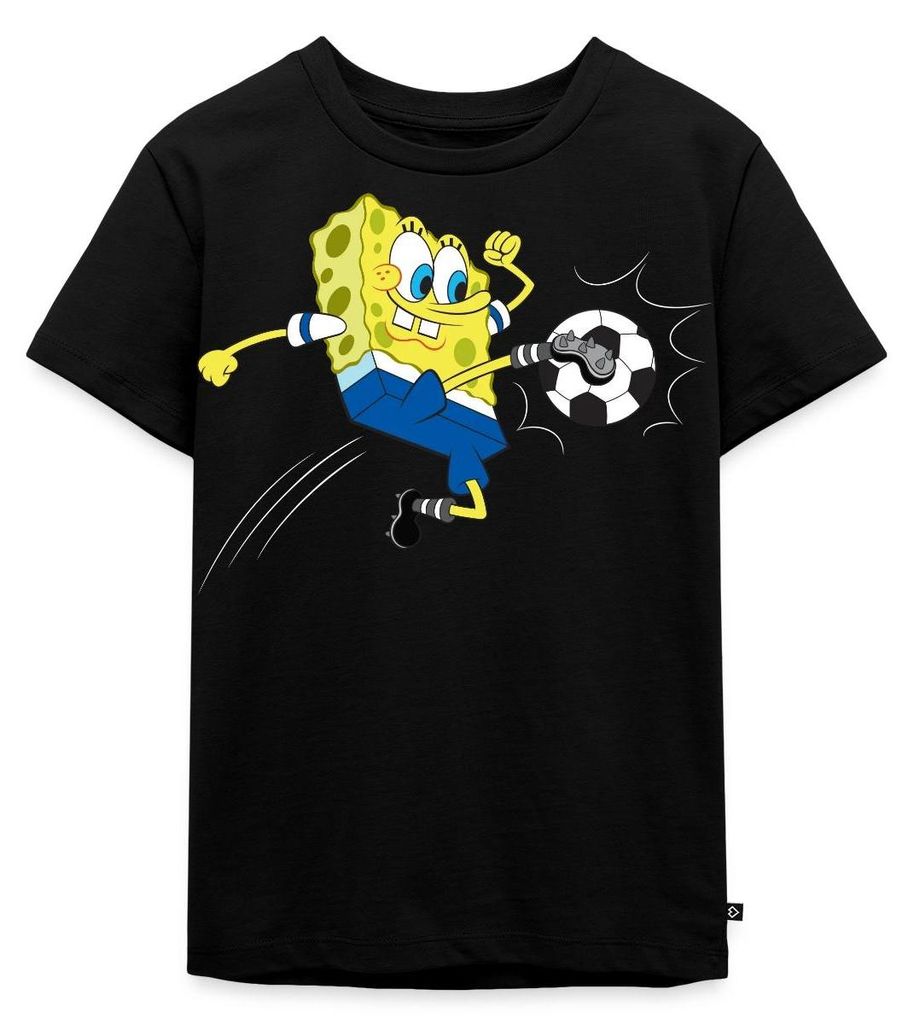 Spreadshirt Spongebob Schwammkopf Kickt Einen Fußball Kinder Premium T-Shirt, 122/128 (6 Jahre), Schwarz
