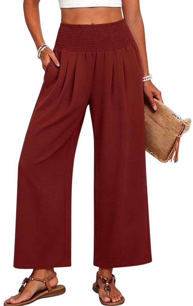 ASKSA Damen Leinenhose Sommerhose Leicht Strandhose Locker Stoffhose Weite Beine Musselin Palazzo Hose mit Taschen (Karamell,S)
