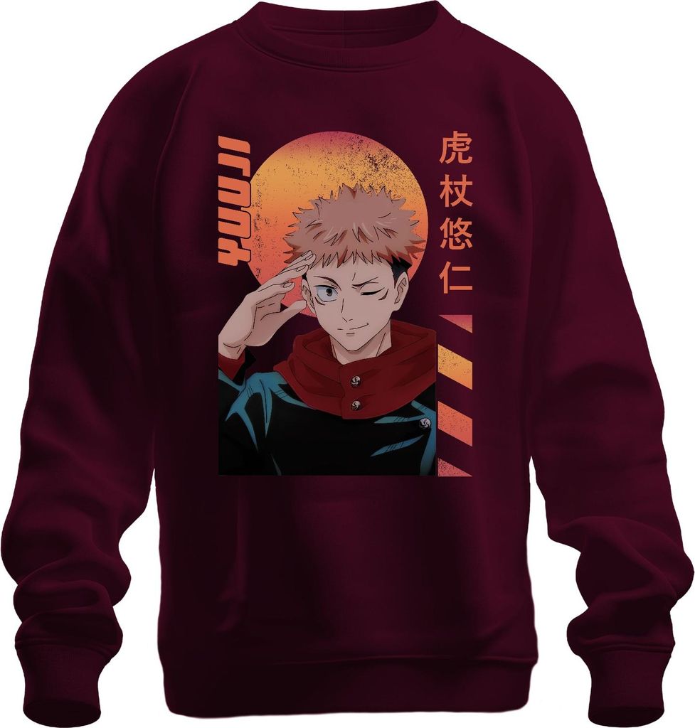 Jujutsu Kaisen Itadori Yuji zwinkernd Anime Geschenk Retro Uni Sweatshirt Pullover, Burgundy, L