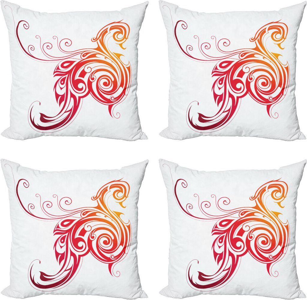 ABAKUHAUS Phönix Kissenbezug Set (4 Stück), Vogel-Wirbler Flügel, Moderner Doppelseitiger Digitaldruck, 45 cm x 45 cm, Dark Orange Weiß Rot