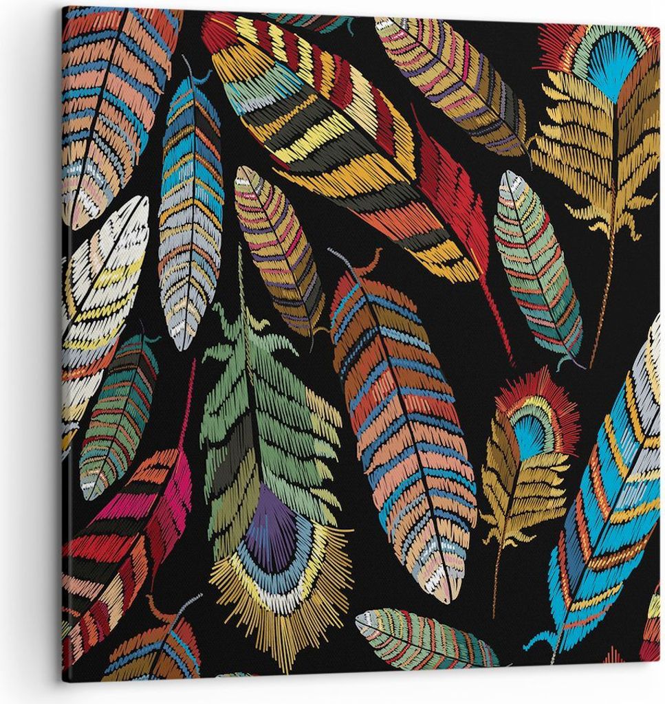 Bild auf Leinwand - Leinwandbild - Einteilig - Federn Bunt Stickerei - 50x50cm - Wand Bild - Wanddeko - Wandbilder - Leinwanddruck - Bilder - Wandd...