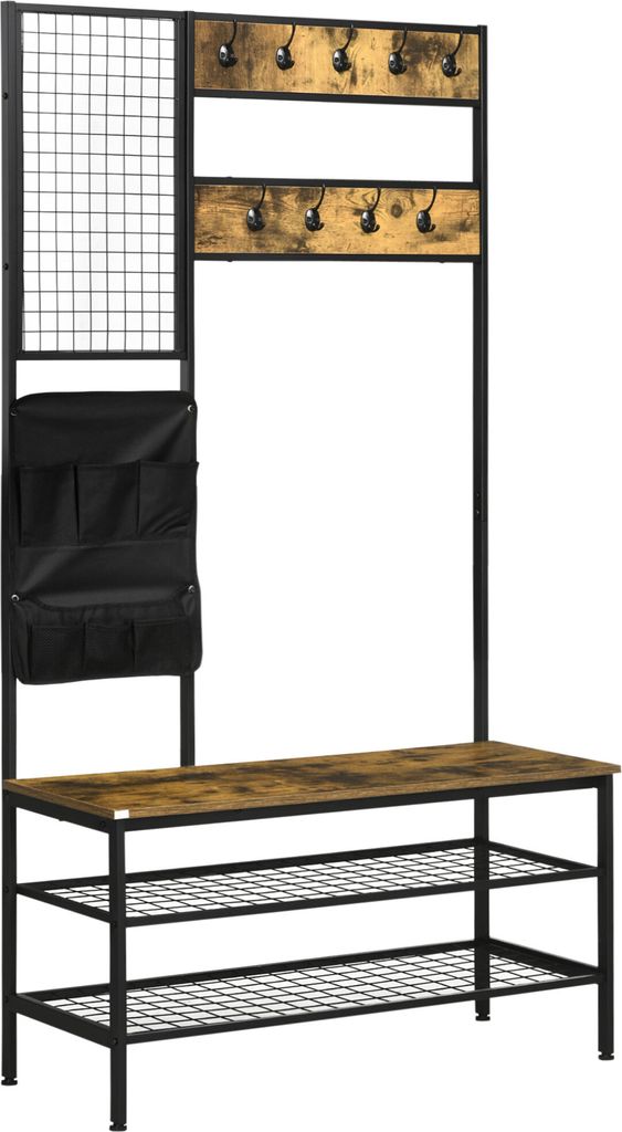 HOMCOM Garderobenständer mit Sitzbank, Kleiderständer mit Haken, Schuhregal, Garderobe mit Tragetasche, Jackenständer für Eingangsbereich, Flur...