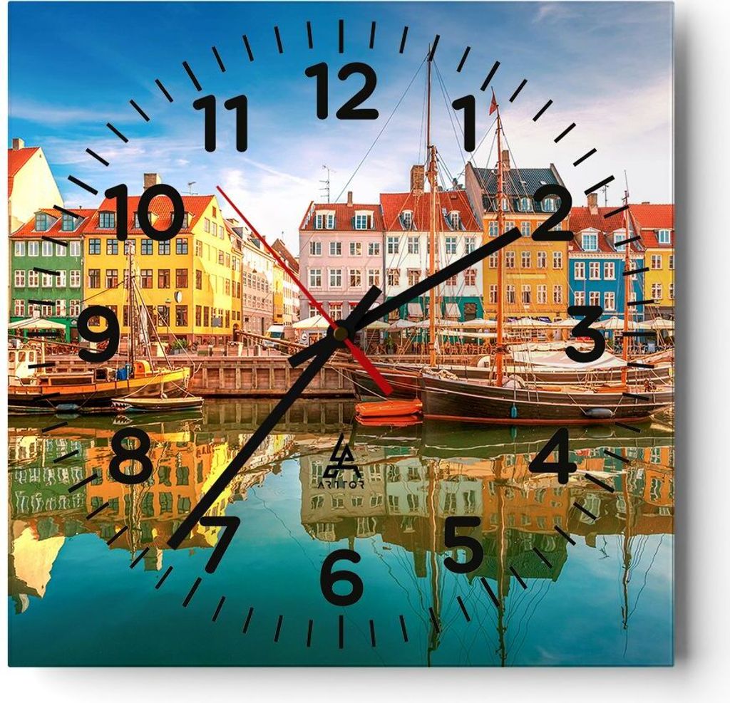 Wanduhr - Quadrat - Glasuhr - Segelboote Wasser Architektur Hafen - 30x30cm - Schleichendes Uhrwerk - Lautlos - zum Aufhängen bereit - Dekoration ...