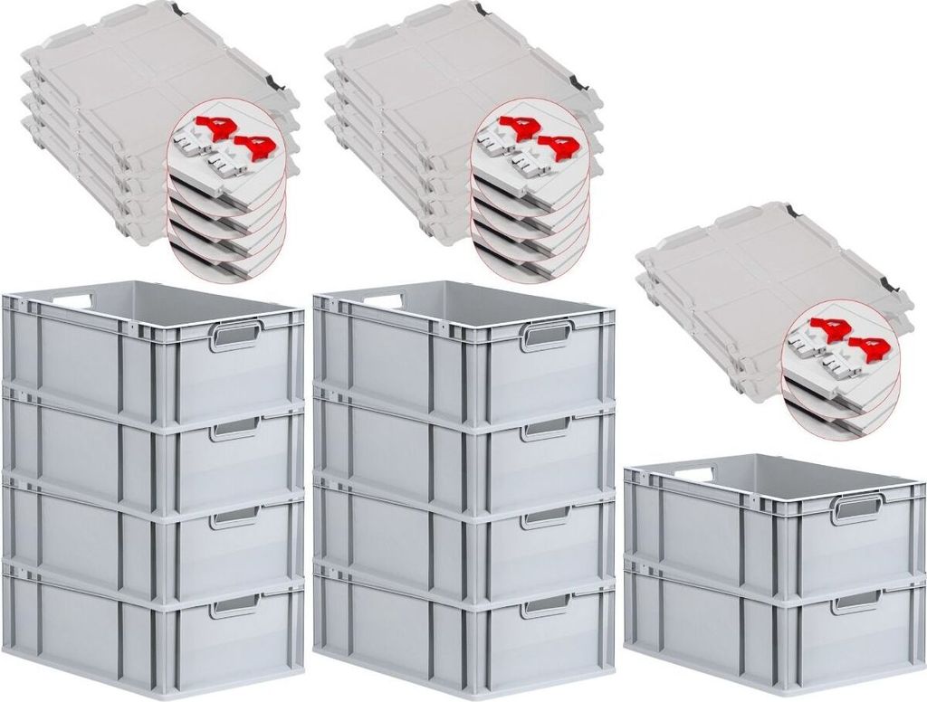 SuperSparSet 10x Eurobox NextGen Economy mit Scharnierdeckel und roten Schiebeschnappverschlüssen | Griffe offen | HxBxT 22x40x60cm | 44 Liter | E...