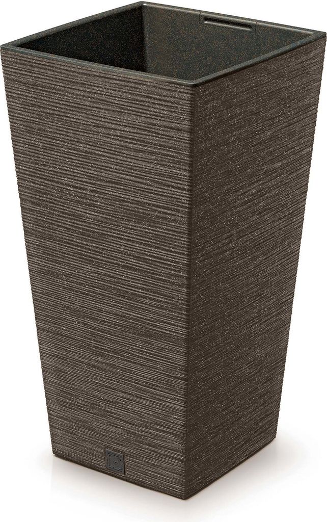 A square, tall planter pot with a textured surface.