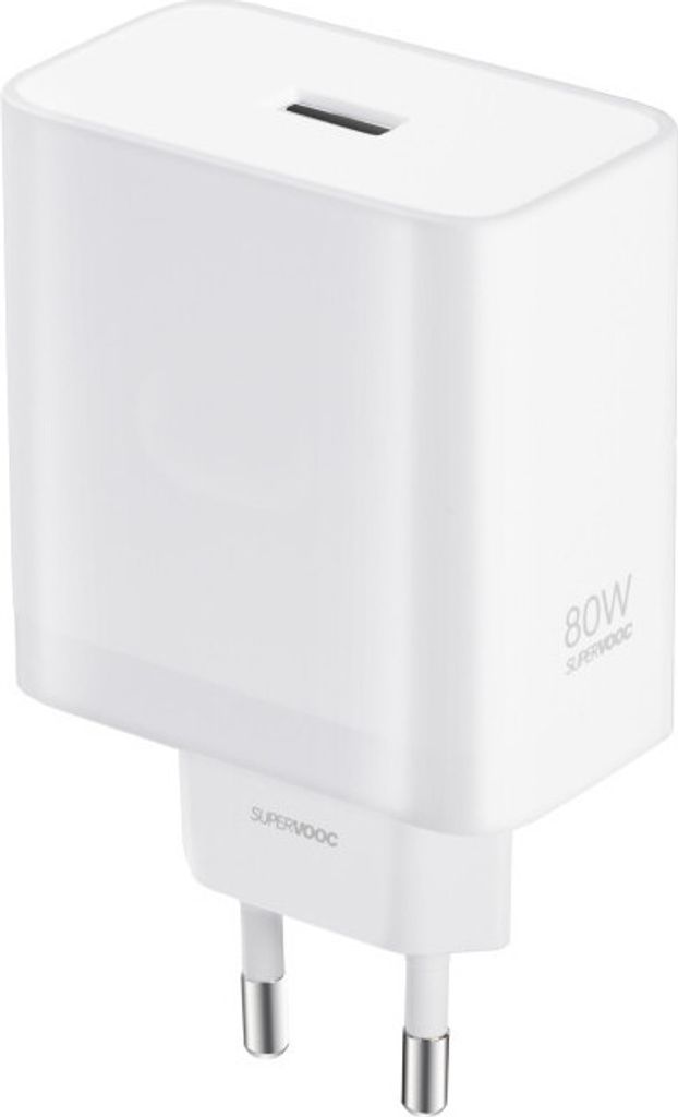 A white USB-C charger with '80W SUPERVOOC' text on its side.