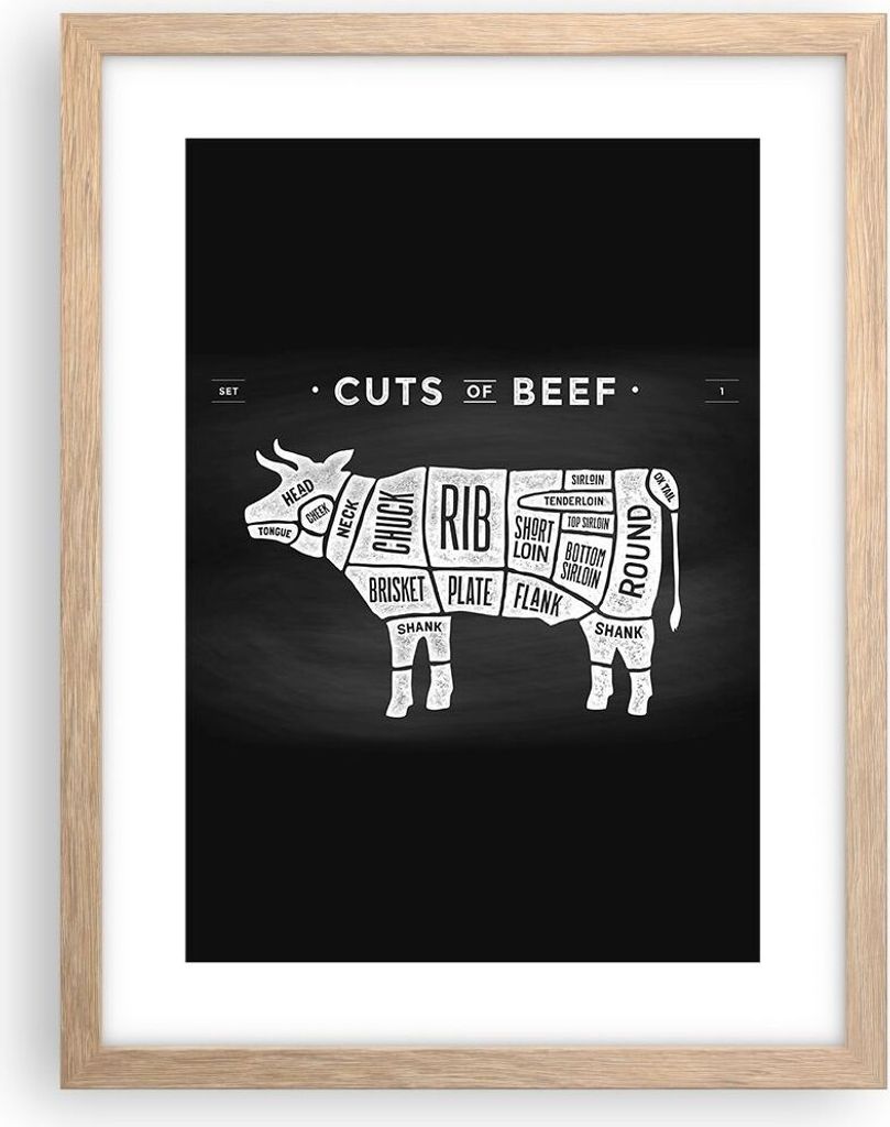 Gerahmtes Poster - Rahmen in heller Eiche - Kuh Rindfleisch Kochen Grafik - 30x40 cm - Wand Bild - Wanddeko - Wandbilder - Wandposter - Bilderrahme...
