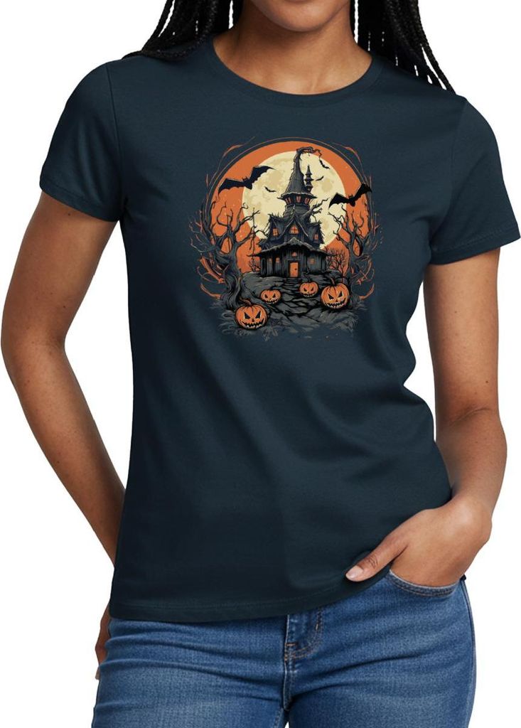 Spreadshirt Halloween Spukhaus Mit Kürbissen Und Vollmond Frauen T-Shirt, S, Navy
