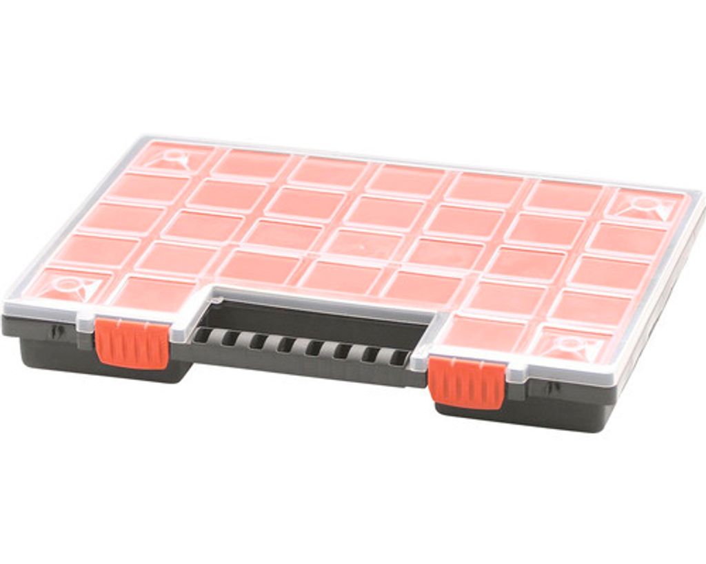 A plastic sorting box with multiple compartments and orange latches, shown against a white background.