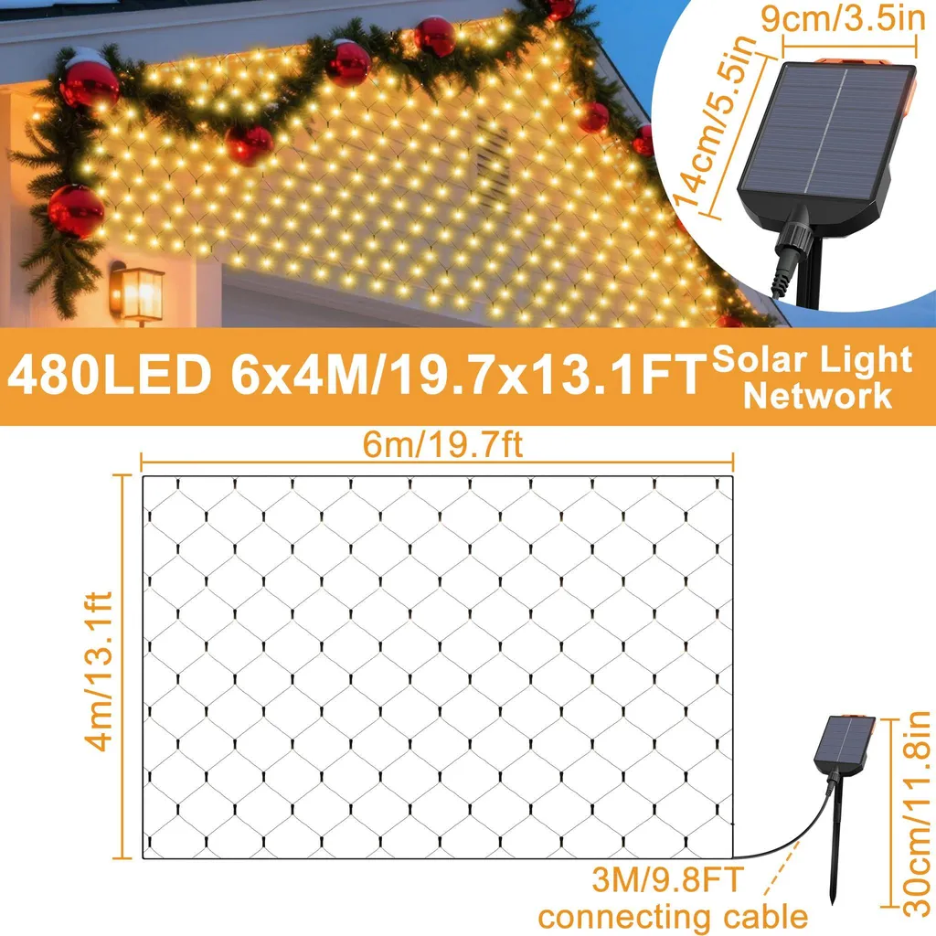 Décoration de Noël Extérieure Solaire 6x4m 480 LED pour Mur et Haie