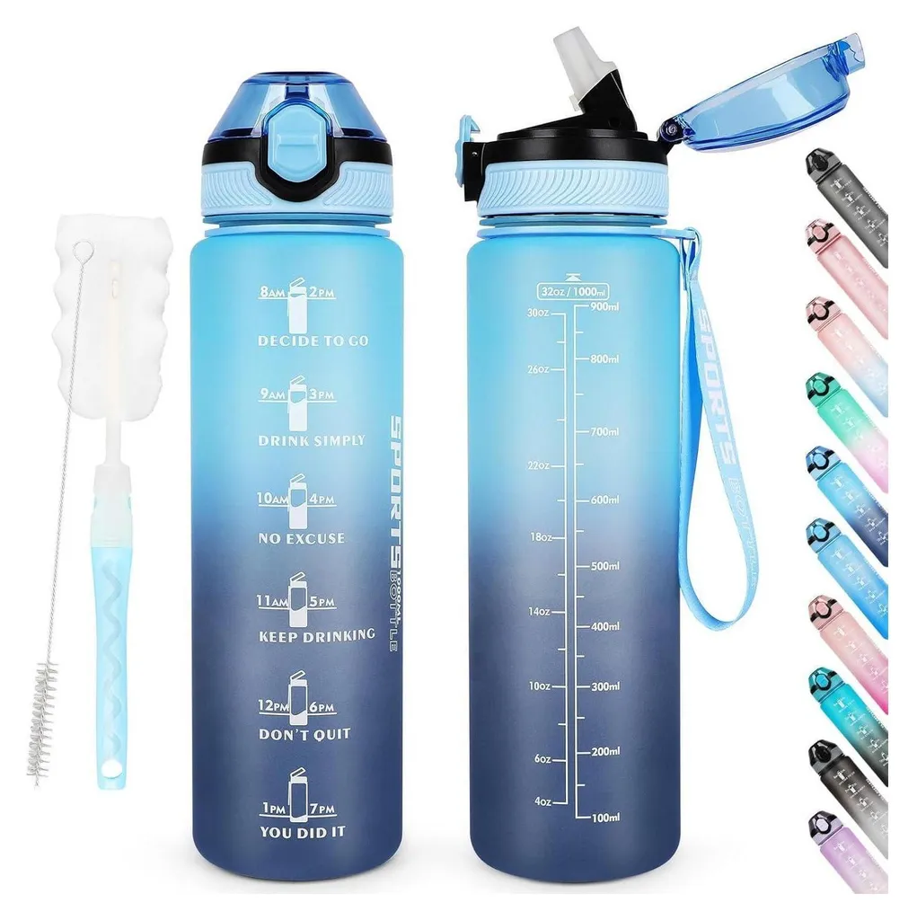 AOHAN Borraccia 1L Blu Idro: Borraccia Sportiva Motivazionale BPA Free