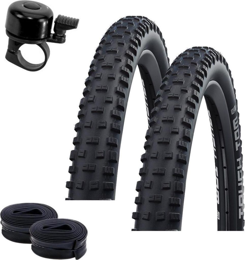 2 x Schwalbe Tough Tom K-Guard Fahrradreifen Pannenschutz Fahrrad Mantel Decke 54-559 (26 x 2,10") + 2 Schwalbe DV13 Schläuche inkl. Fahrradklingel