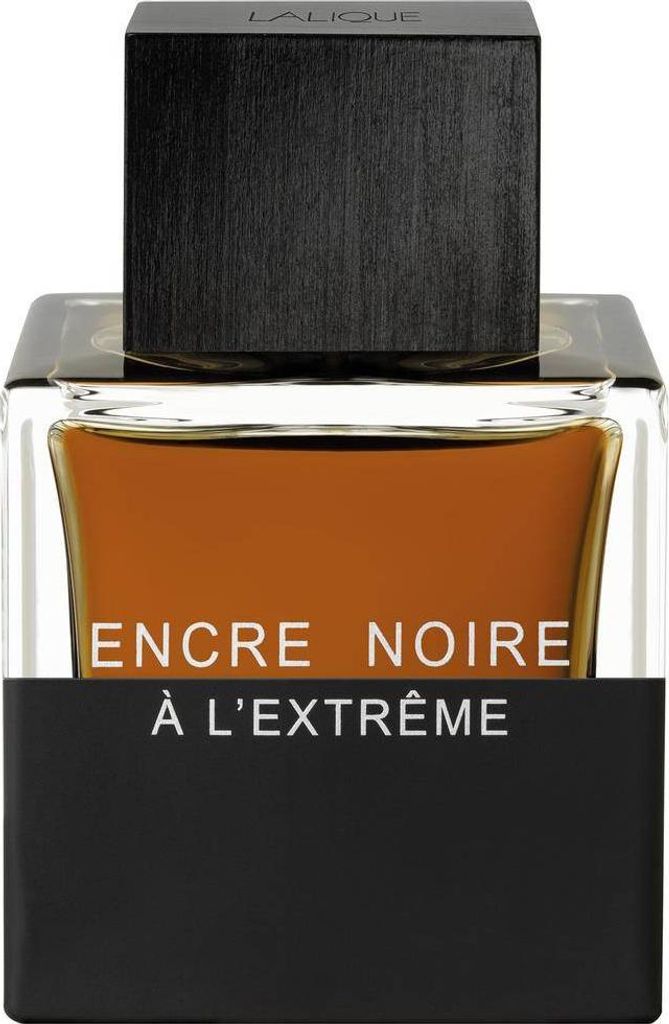 A close-up studio shot of a Lalique Encre Noire A L'Extreme Eau de Parfum bottle.