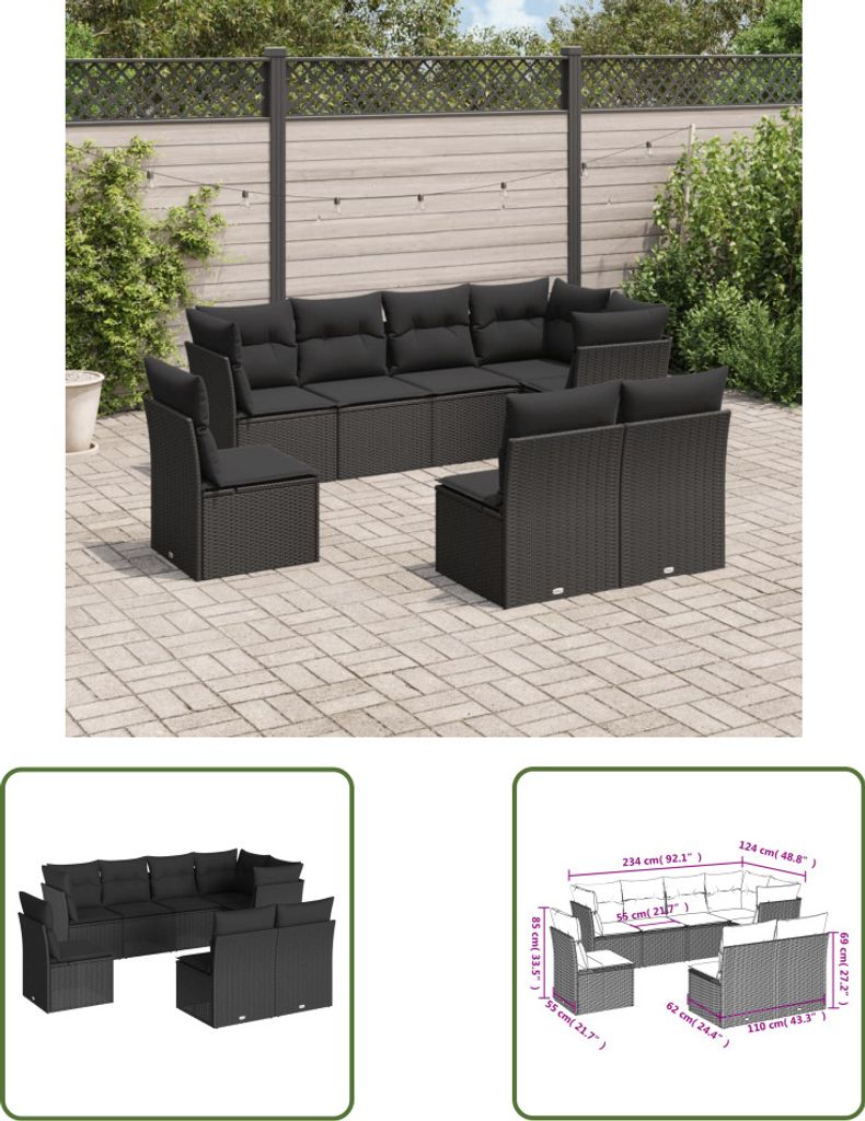 The Living Store 8-tlg. Garten-Sofagarnitur mit Kissen Schwarz Poly Rattan