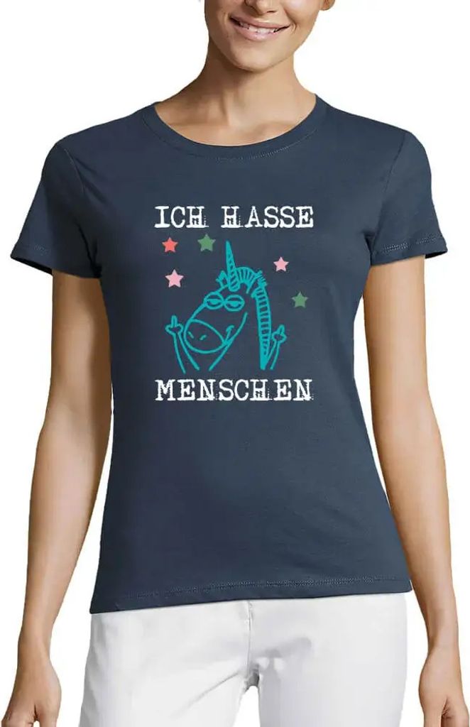 Damen Grafik T-Shirt Rundhals Ich Hasse Menschen Einhorn Öko-Verantwortlich Vintage Jahrgang Kurzarm Lustige Druck Geburtstag Geschenk Frau