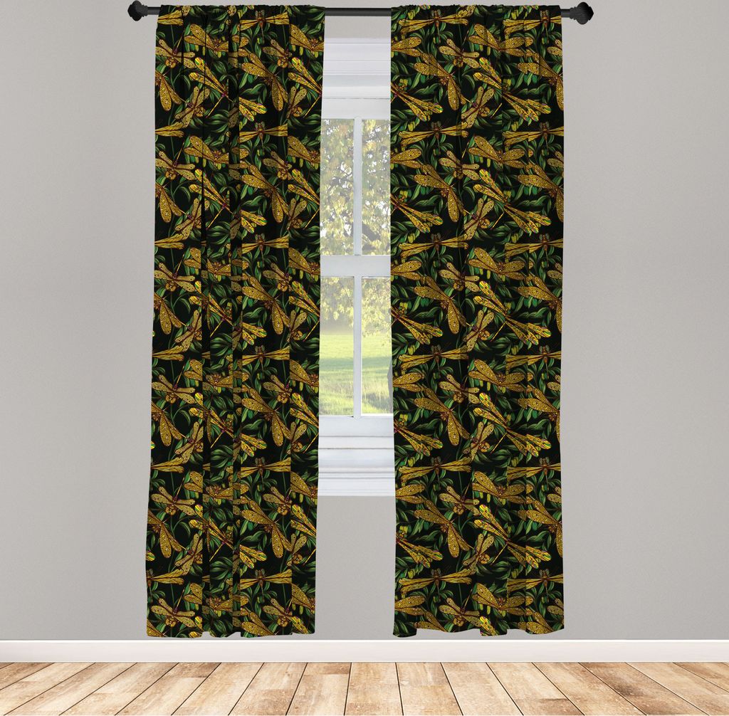 ABAKUHAUS Libelle Vorhänge, Gardinen, Künstlerisches Muster mit Libellen und grünen olivgrünen Niederlassungen Mittelmeer-Natur, 2 Stück 75 x ...