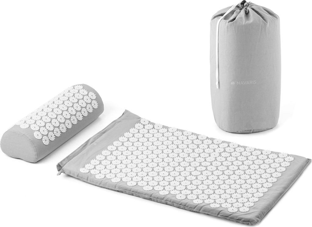 Navaris 2in1 Akupressur Massage Set - Akupressurmatte und Kissen mit Tasche - Akupressur Matte und Kopfkissen - Nadelmatte Grau