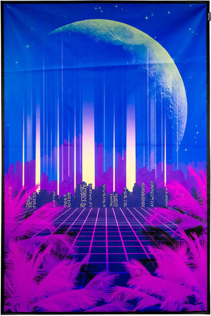 PSYWORK Schwarzlicht Stoffposter Neon "Vaporware 80 Skyline", 150x225cm
