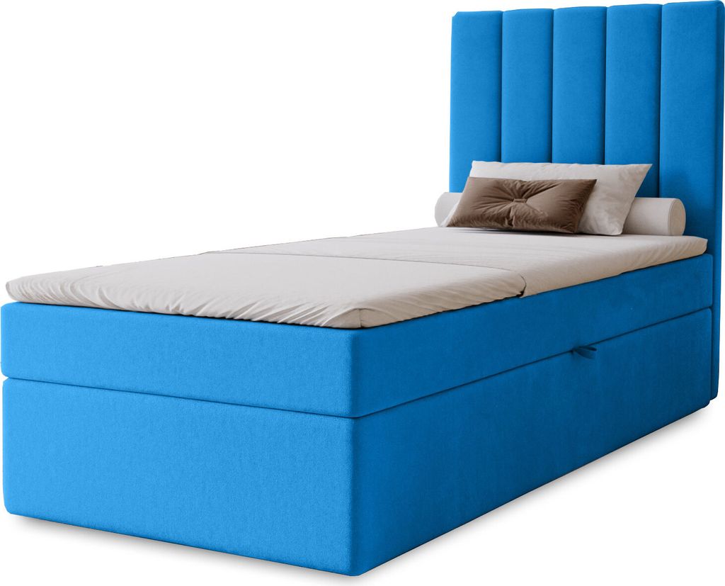 Boxspringbett Nero mit Bettkasten, 90x200, Farbe: Hellblau, Velourstoff, Doppelbett mit Bonell-Matratze inkl. Topper