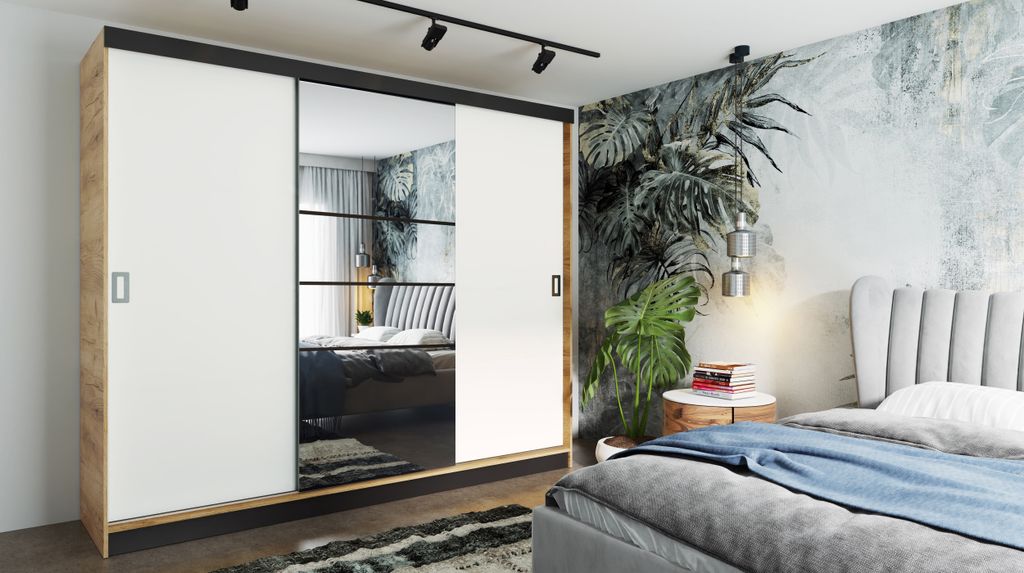 RETRO-6 Schiebetürenschrank 200x205, Kleiderschrank, 3-türig, mit Spiegel - Goldene Eiche + Weiß + Schwarz + Schwarz (Türgriffe)