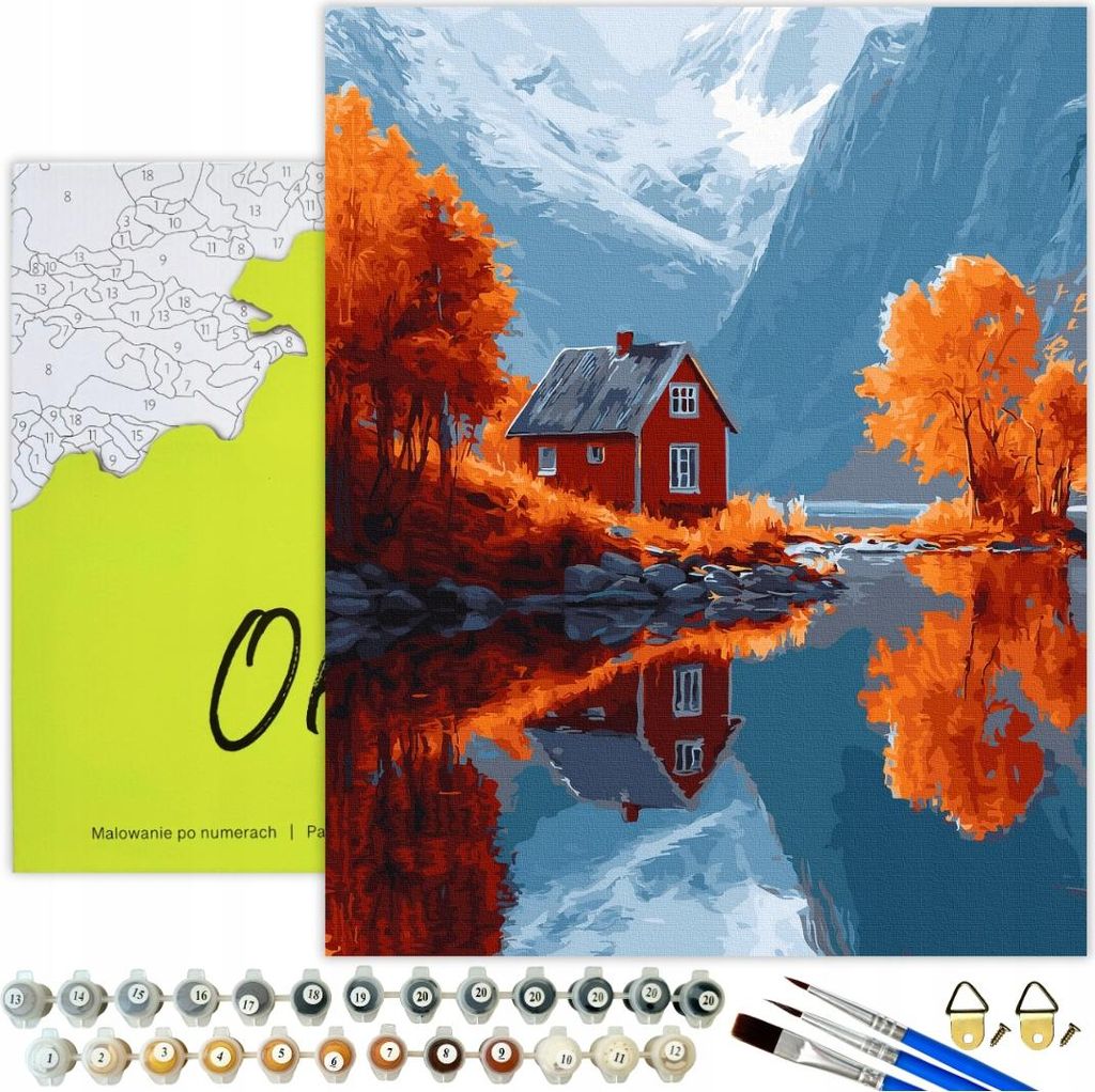 Malen nach Zahlen Erwachsene Landschaft Norwegen Herbst 50x40 - 25 Acrylfarben, Leinwand mit Holzrahmen, 3 Pinseln und Zubehör Oh Art!