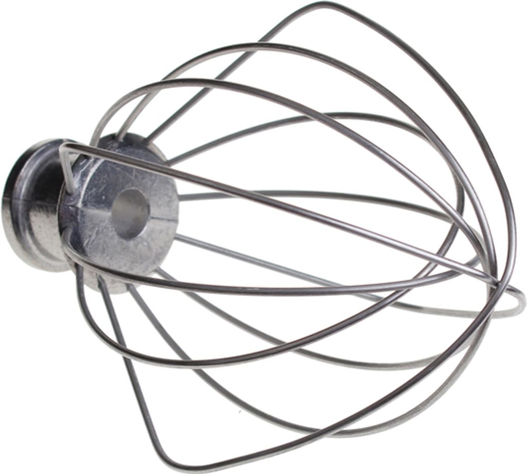 A close-up, isolated shot of a silver wire whisk attachment for a stand mixer.
