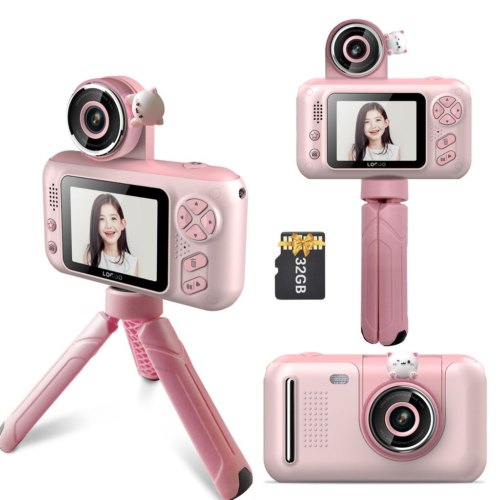 1080P Kinder-Digitalkamera Mini-Videokamera fuer Kinder mit Umhaengeband Mini-Desktop 32 GB Speicherkarte Stativ Geburtstag Weihnachtsgeschenk fuer...