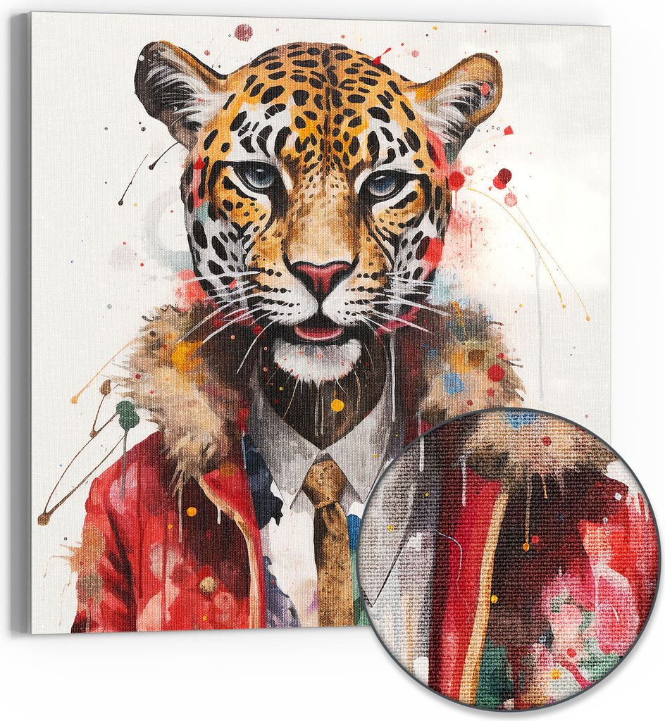 DEQOART Hybrid Leinwand Bild 50x50 cm 'Stilvoller Jaguar' Wandbild Glas flach modern