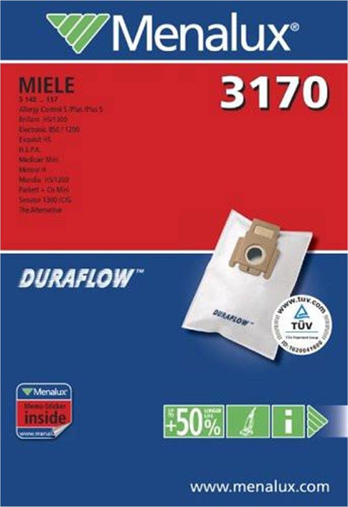 Packaging for Menalux 3170 Duraflow vacuum cleaner bags.